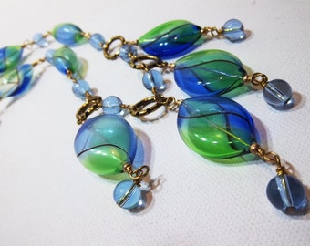 Light as a feather elegant painted blown glass blue and green necklace set