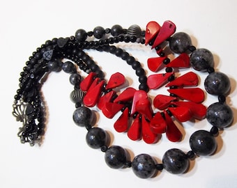 Chunky and Bold Coral and Lavrikite Red and Black statement necklace set