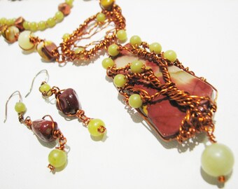 Autumn Tree of Life with Copper, Mookaite and New Jade necklace set