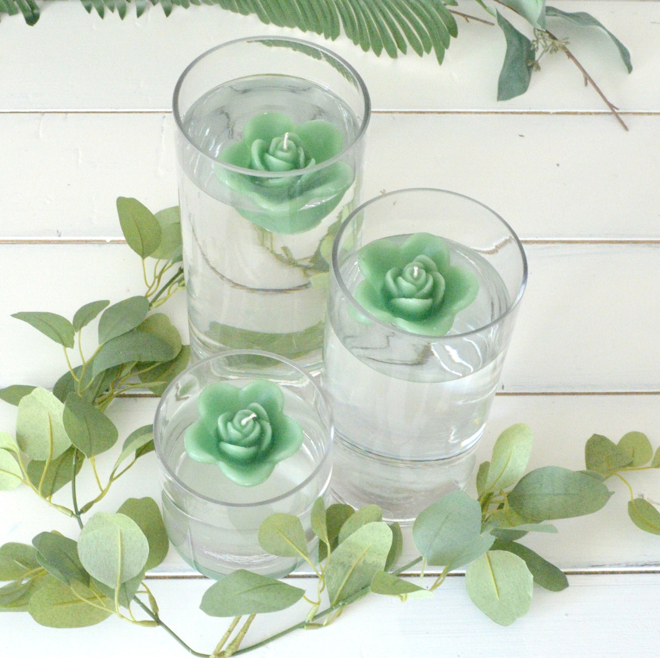 10 Sage Green Floating Rose Wedding Candles for Table Centerpiece and ...