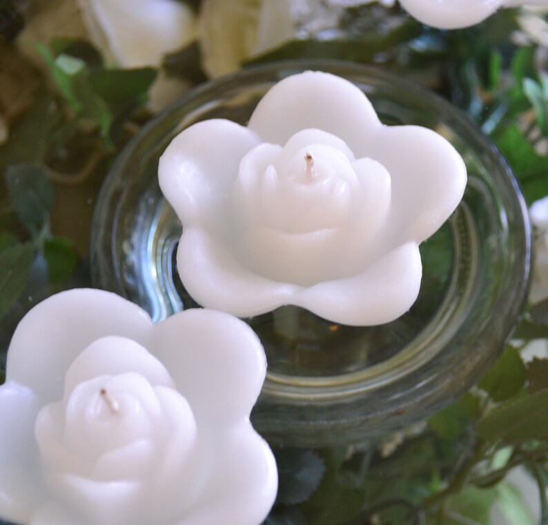 10 White floating rose wedding candles for table centerpiece and reception decor. image 3