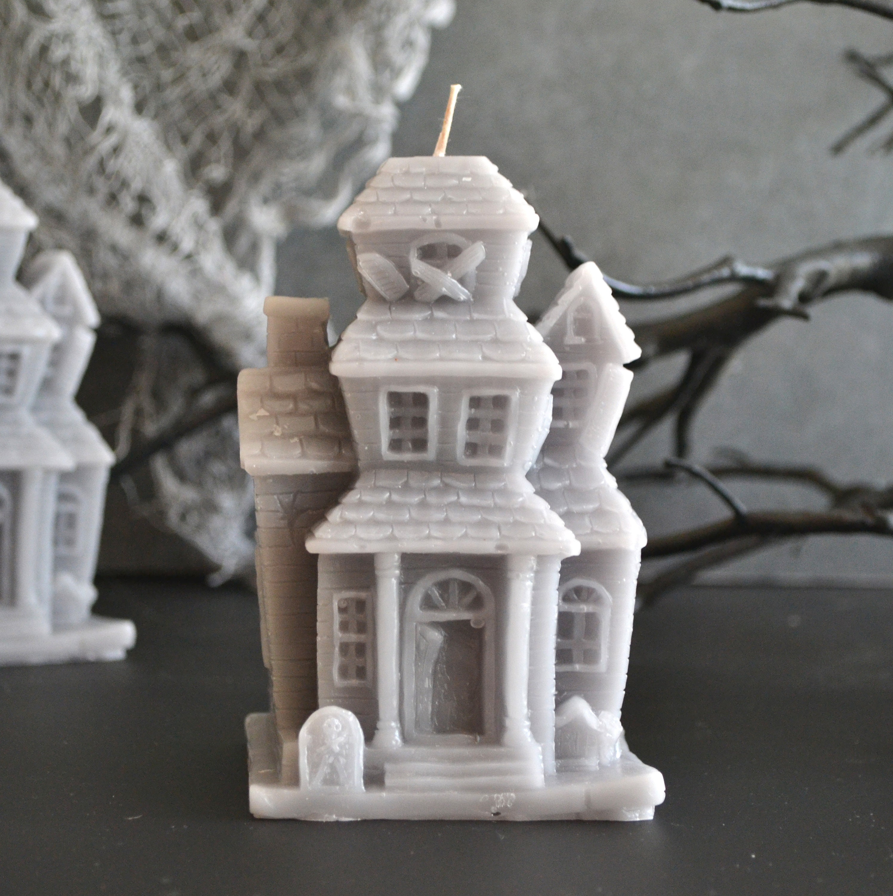 Haunted House Gray Mansion Halloween moody dcor parties table centerpieces wedding receptions derelict domicile abandoned