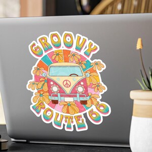 Route 66 Groovy Kiss-Cut Vinyl Decals, Retro Car Stickers, Bohemian Home Decor, Travel Enthusiast Gift, Perfect for Road Trip Lovers, Unique