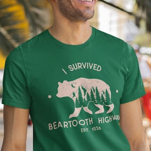 Beartooth Hwy I Survived Est.1936 Unisex Jersey Short Sleeve Tee with bear silhouette, Absaroka Mountains Yellowstone, Scenic Highway