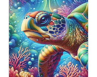 ウミガメのカラフルなキャンバス壁アート、海の装飾、ビーチハウスの