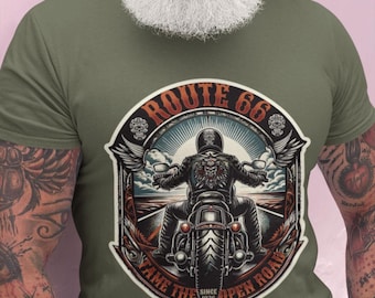 Koszulka motocyklowa z Route 66 Vintage – Historyczna droga, idealna na wycieczki drogowe, dla entuzjastów motocykli, prezent na Dzień Ojca, prezent dla taty, odzież codzienna