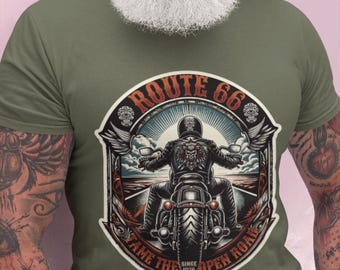 thumbnail image 2 of Biker Route 66 Americas Highway Classic Men's T-Shirt – Vintage Motorcycle Design, Gildan Heavy Cotton (S-4XL) 2 of 3