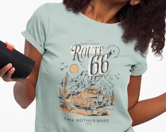 Maglietta unisex a maniche corte iconica della Route 66, deserto, cactus, americana, camion d'epoca, la Mother Road, il regalo perfetto per i viaggiatori, souvenir