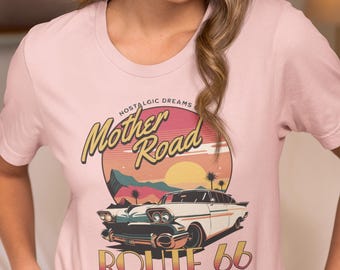 Maglietta Route 66 Mother Road, viaggio su strada, regalo di viaggio, nostalgico, regalo di pensionamento, lista dei desideri, auto d'epoca, maglietta unisex a maniche corte