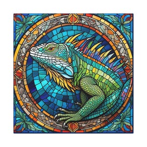 Impresión en lienzo de vitral de iguana, arte mural, decoración del hogar, regalo para amantes de la naturaleza, arte tropical, decoración colorida de iguana, obra de arte única de reptiles
