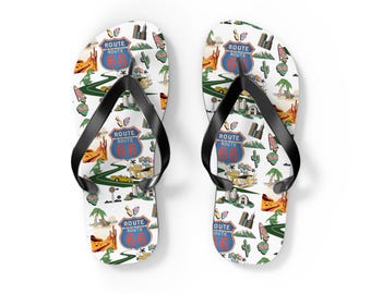 Route 66 Vintage Highway Flip Flops - Retro Travel Sandals, Perfect for Beach, Vacation, or Summer Fun, Great Gift Idea, Fun Flip Flops