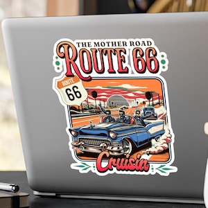 Route 66 Antique Car Retro Kiss-Cut Vinyl Decal, Vintage Car Sticker for Travelers, Retirement Gift, Road Trip, Vacation, Americana, Unique