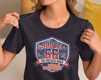 Camiseta Ruta 66, la carretera madre, bandera estadounidense, carretera histórica, nostálgica, el mejor regalo perfecto para viajes por carretera, camiseta unisex de Americana Apparel