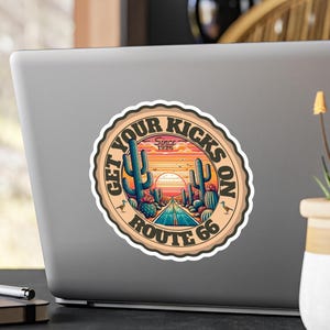 Route 66 Vintage Circular Kiss-Cut Vinyl Decals, Stickers for Travel Lovers, Biker Gift, Road Trip Decor, Nostalgic Road Trip, Bucket List