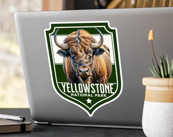 Yellowstone nationalpark Buffalo Badge Kiss-Cut vinyldekaler, naturklistermärken, djurlivskonst, resesouvenirer, present till friluftsälskare