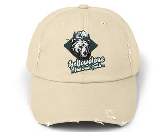 Yellowstone National Park Grizzly Bear Unisex Distressed Cap, Bear Design, Outdoor Adventure Gear, Hiker Gift, Traveler Hat, Rocky Mountains