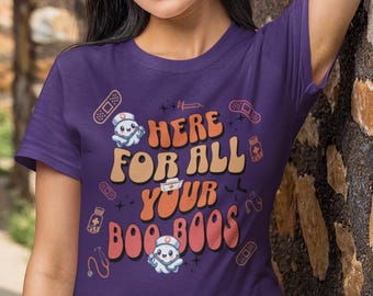 Here for All Your Boo Boos" T-Shirt Ghost Nurses Band Aids Medicine Stethoscopes Funny School Nurse Pediatric Unisex Jersey Short Sleeve Tee