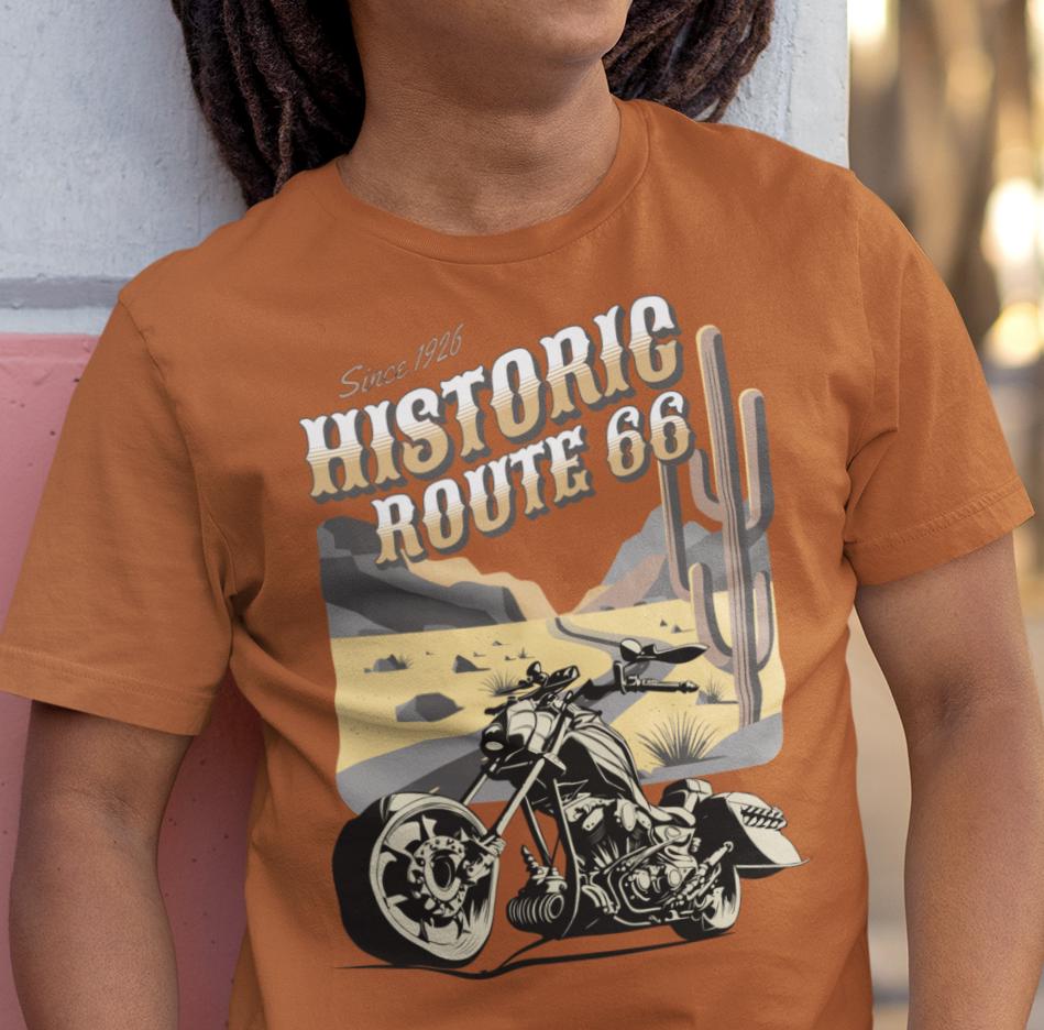 Route 66 Historic Highway T-shirt: Motorcycle, Desert Highway, the
