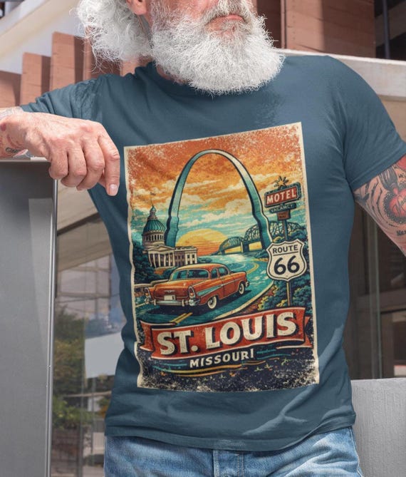 Route 66 St. Louis Retro Graphic Tee - Gateway Arch Vintage Car
