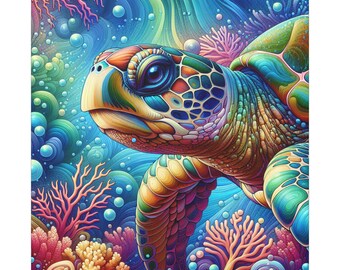 ウミガメのカラフルなキャンバス壁アート、海の装飾、ビーチハウスの