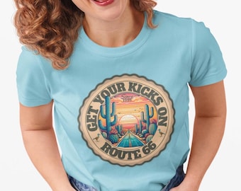 Route 66 Get Your Kicks Unisex Jersey Short Sleeve Tee-Travelers Gift, Biker Gift, Nostalgic Road Trip, Desert Highway tee, Fathers Day Gift