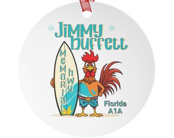 Jimmy Buffett Funny Surfing Rooster Metal Ornaments, Tropical Beach Décor, Music Lover Gift, Gift for Fans of Jimmy Buffett, Beach Ornament