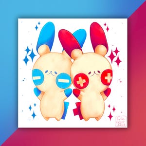 Plusle and Minun Art Print | Cute Electric-Type Fan Art | Nostalgia Fanart Wall Decor Print for Gamers & Collectors