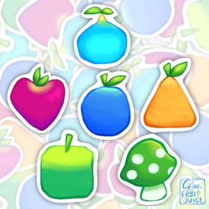 May include: A collection of colorful fruit-themed stickers. The stickers feature various fruits like a heart-shaped magenta fruit, a blue orb, and a green mushroom with white spots. The stickers have a white border and are set against a pastel background.