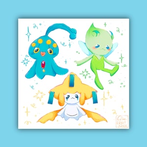 Manaphy Celebi Jirachi Print | Mythical Gen 2-4 Nostalgia Fan Art Gamer Decor