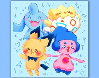 May include: A square print featuring four cartoon characters in a cute style. The characters are in shades of blue, yellow, and pink, with hearts and stars scattered around them on a light blue background. The print has the text "Star Fruit Juice".