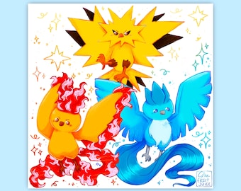 Legendary Birds Print: Articuno, Zapdos, Moltres - Colorful Video Game Art