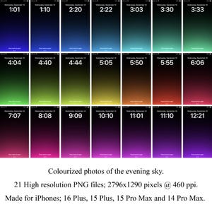 May include: 21 high-resolution images of a color gradient representing the evening sky. Each image features a different time, ranging from 1:01 to 12:21. The images are 2796x1290 pixels at 460 ppi and are made for iPhones: 16 Plus, 15 Plus, 15 Pro Max and 14 Pro Max.