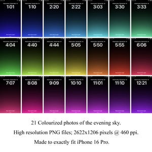 May include: 21 gradient color photos of the evening sky, each with a different time displayed on a black iPhone screen. The photos are high resolution and are made to fit the iPhone 16 Pro.