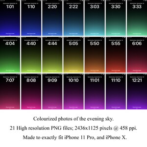 May include: A collection of 21 phone wallpapers showcasing gradient color schemes, each displaying a different time of day. The wallpapers are designed for iPhone 11 Pro and iPhone X, with text indicating the time and date.