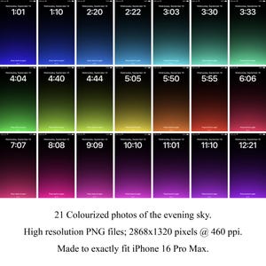 May include: 21 different color gradient images of the evening sky, each with a time displayed on a phone screen. The images are high resolution and made to fit an iPhone 16 Pro Max.