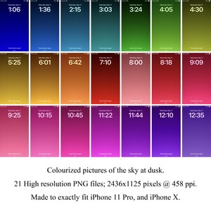 May include: 21 high-resolution images of a gradient sky at dusk, each showing a different time from 1:06 to 12:35. The images are sized to fit an iPhone 11 Pro or iPhone X.