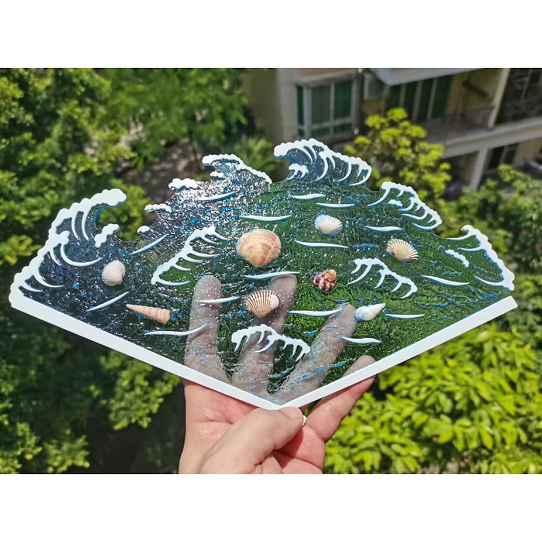 Wave Fan Design Handmade Shell Wave Fan: Ocean Blue Dripping Glue Art - Etsy