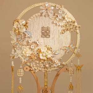 Tassel Wooden Bridal Hand Fan, Traditional Wedding Bouquet, Handmade Finished Ancient Style Xiuhe Fan, Exquisite Pearl Fan, Wedding Gift