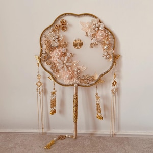 Champagne Hanfu Fan, Traditional Chinese Wedding Fan, Bride Bouquets, Xiuhe Fan, Wedding Accessories, Gifts for Hanfu Culture Enthusiasts