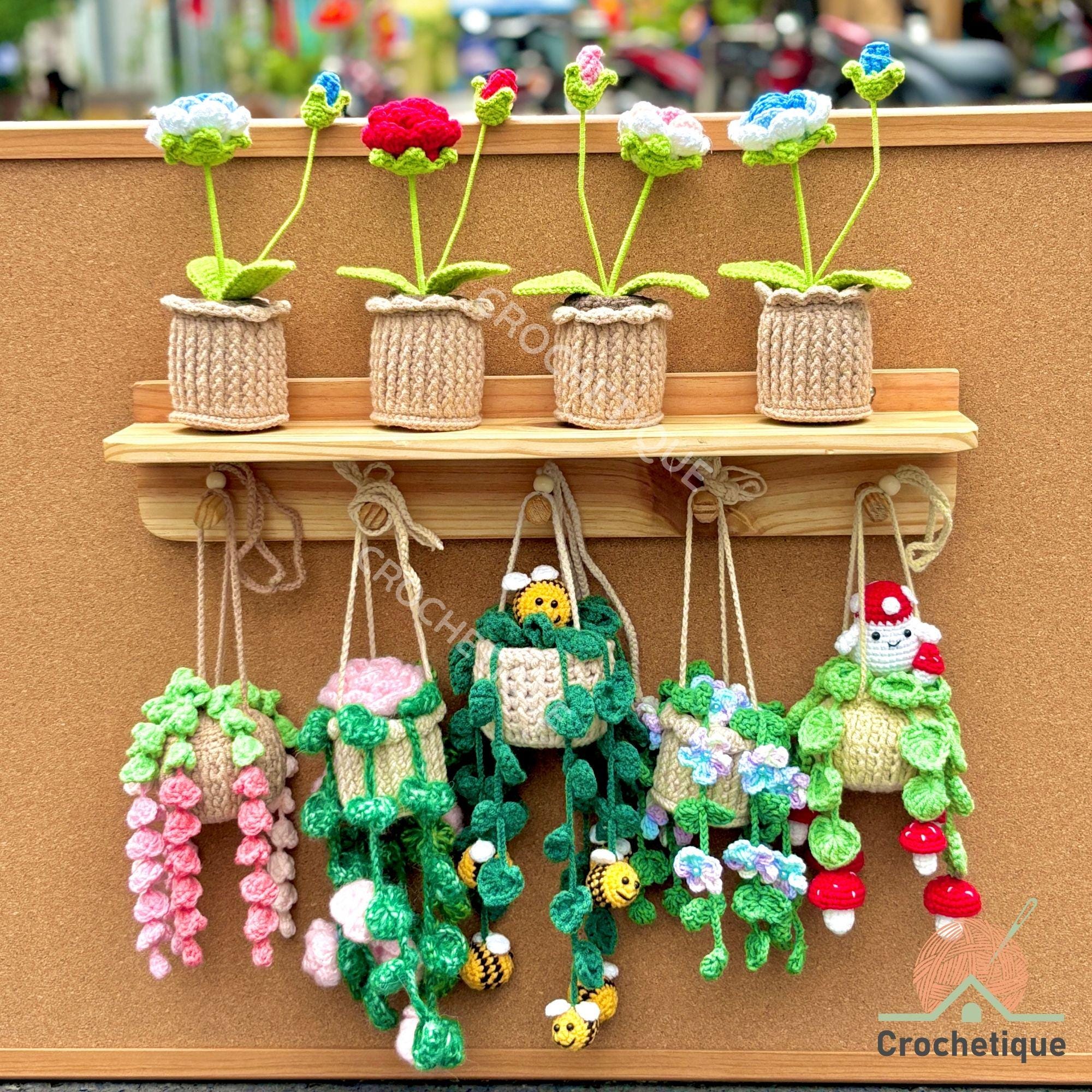 Finished Crochet Plant Basket Wall Hanging Crochet Pothos Wisteria Mushroom Car Mirror Hanging Crochet Flower in Pot Birthday Mother's
