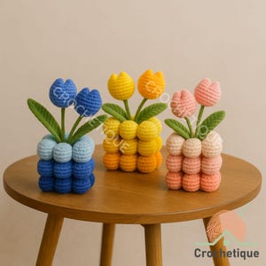 Haakpatroon Tulp Bloempot PDF Elegante Bloempot Haakpatroon Set DIY Gehaakt Bloemboeket Woondecoratie Haakpatroon Bloem
