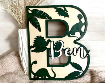 Door sign children's room wood with name l Name plate Dino personalized | Wall decoration wood, door sign with name wall decoration children green brown