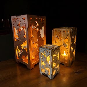 Autumn lantern made of maple wood | Autumn decoration lantern with autumn leaves | Candle holder with autumn leaves | Decorative lantern leaves | Lamp with copper gold and natural