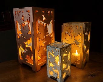 Autumn lantern made of maple wood | Autumn decoration lantern with autumn leaves | Candle holder with autumn leaves | Decorative lantern leaves | Lamp with copper gold and natural