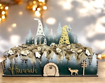 Gnome Advent calendar made of wood to fill | Christmas decoration forest landscape | Personalized with name | Children&#39;s Advent box with jute bag