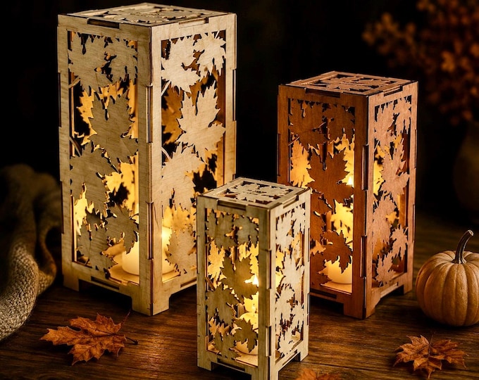 Wooden autumn lantern with maple leaf – autumn decoration & candle holder | 10, 15 or 20 cm