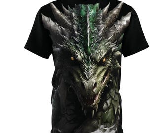 Green Dragon Fantasy Unisex T-Shirt, All Over Print Tee, Mythical Creature Shirt, Dragon Lover Gift, Dragon Print Shirt