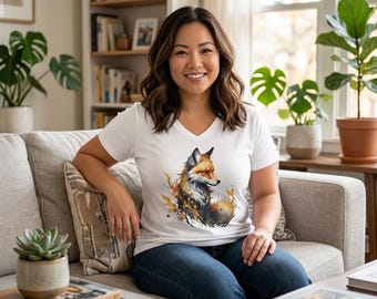 Fox Illustration Unisex Tee, V-Neck Shirt, Animal Lover Gift, Short Sleeve Top, Nature Inspired Clothing, Cute Fox Shirt, Outdoor Enthusiast