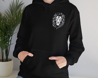 May include: Black hooded sweatshirt with a white lion graphic on the front pocket.