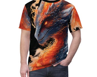 Fire Dragon All-Over Print T-Shirt, Fantasy Shirt, Gamer Gift, Full-Print Design with Fire Dragon Motif, Unisex Premium Shirt for RPG Fans